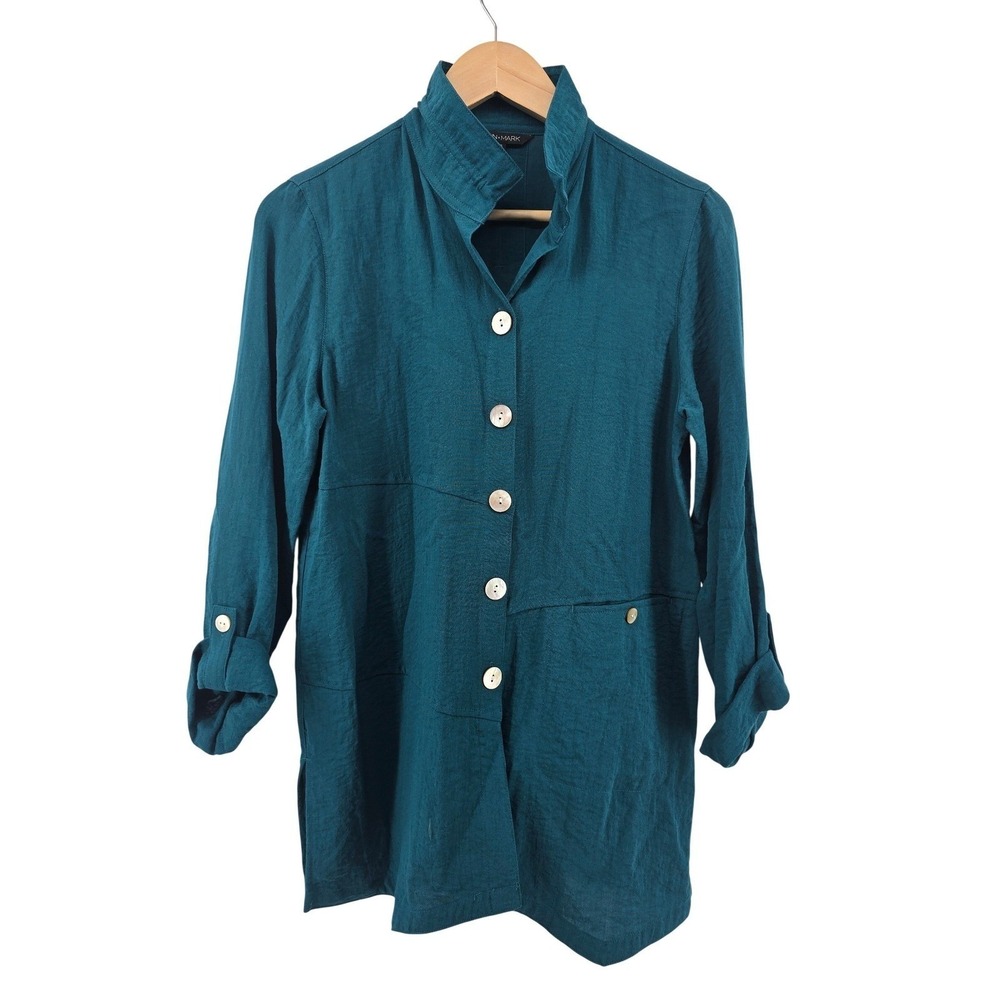 John Mark Tunic Womens XS Lagenlook Teal Blue Roll Tab Button Front EUC